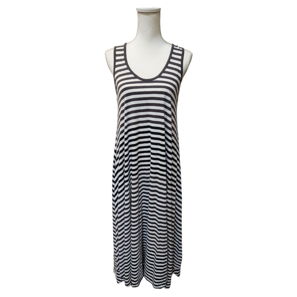 Planet Subtle Striped Asymmetric Maxi Dress, White Black Gray Raw Hem, One Size
